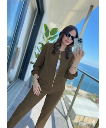 Kadın Uzun Kollu önden Fermuarlı Modal Ceket Ve Pantolon Ikili Takım