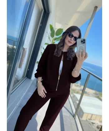 Kadın Uzun Kollu önden Fermuarlı Modal Ceket Ve Pantolon Ikili Takım