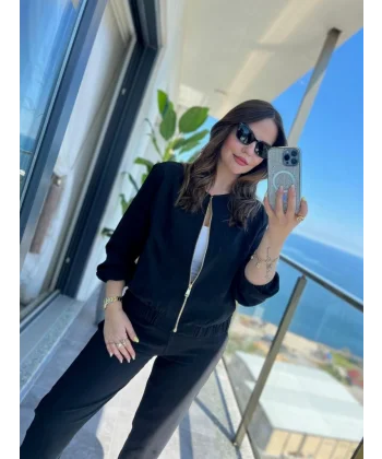 Kadın Uzun Kollu önden Fermuarlı Modal Ceket Ve Pantolon Ikili Takım