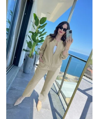 Kadın Uzun Kollu önden Fermuarlı Modal Ceket Ve Pantolon Ikili Takım