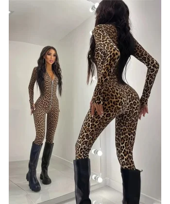 Kadın Uzun Kollu önden Fermuarlı Parmaktan Geçmeli Leopar Desenli Dalgıç Tulum