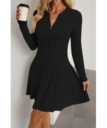 Kadın Uzun Kollu önden Fermuarlı Pileli şardonlu Kaşkorse Mini Elbise