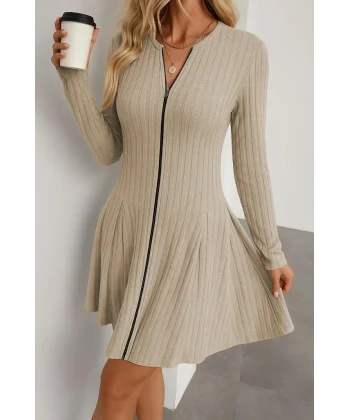 Kadın Uzun Kollu önden Fermuarlı Pileli şardonlu Kaşkorse Mini Elbise