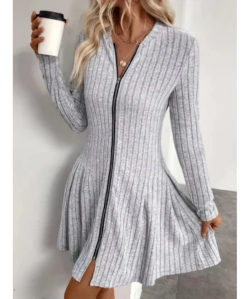 Kadın Uzun Kollu önden Fermuarlı Pileli şardonlu Kaşkorse Mini Elbise