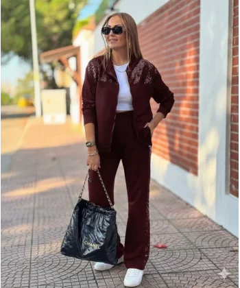 Kadın Uzun Kollu önden Fermuarlı Pul Payetli Alt üst Viskon Iki Iplik Takım