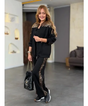 Kadın Uzun Kollu önden Fermuarlı Pulpayet Detaylı Bluz Ve Pantolon Ikili Takım