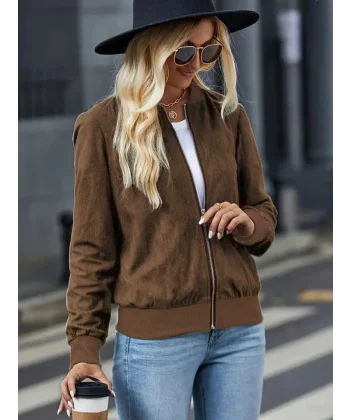 Kadın Uzun Kollu önden Fermuarlı Süet Ceket