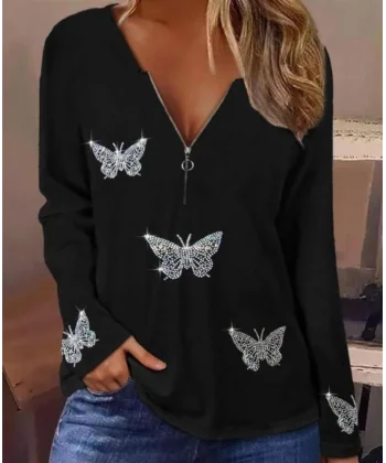 Kadın Uzun Kollu önden Fermuarlı Taşlı Kelebek Desenli Viskon Bluz