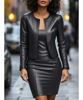 Kadın Uzun Kollu önü Açık Deri Ceket Ve Askılı Yuvarlak Yakalı Mini Elbise Ikili Takım