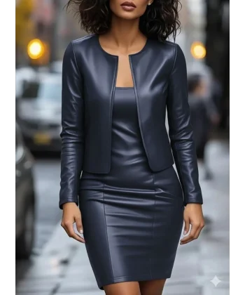 Kadın Uzun Kollu önü Açık Deri Ceket Ve Askılı Yuvarlak Yakalı Mini Elbise Ikili Takım