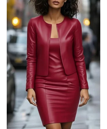 Kadın Uzun Kollu önü Açık Deri Ceket Ve Askılı Yuvarlak Yakalı Mini Elbise Ikili Takım