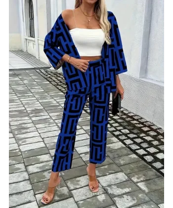 Kadın Uzun Kollu önü Açık Desenli Iki Iplik Ceket Ve Pantolon Ikili Takım