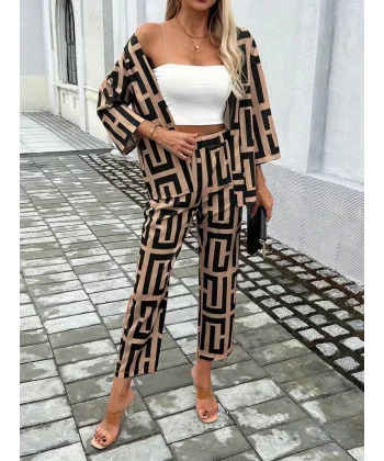 Kadın Uzun Kollu önü Açık Desenli Iki Iplik Ceket Ve Pantolon Ikili Takım