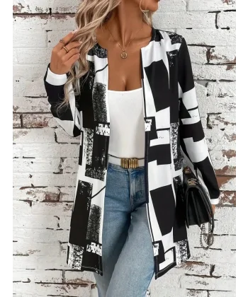 Kadın Uzun Kollu önü Açık Desenli Modal Kısa Ceket