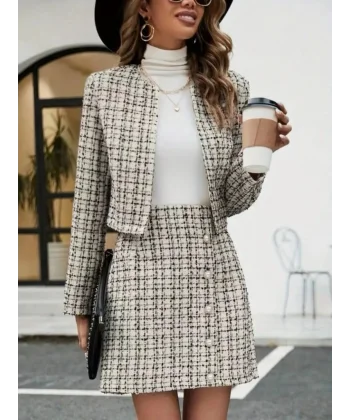 Kadın Uzun Kollu önü Açık Dokuma Ceket Ve Mini Etek Ikili Takım