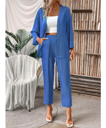 Kadın Uzun Kollu önü Açık Dokuma Ceket Ve Pantolon Ikili Takım