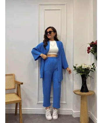 Kadın Uzun Kollu önü Açık Dokuma Ceket Ve Pantolon Ikili Takım