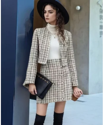 Kadın Uzun Kollu önü Açık Düğme Detaylı Dokuma Ceket Etek Ikili Takım