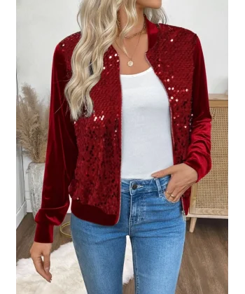 Kadın Uzun Kollu önü Açık Fermuarlı Pulpayetli Kadife Ceket