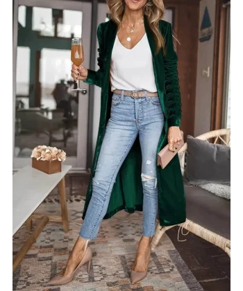 Kadın Uzun Kollu önü Açık Kolları Uzun Midi Ceket