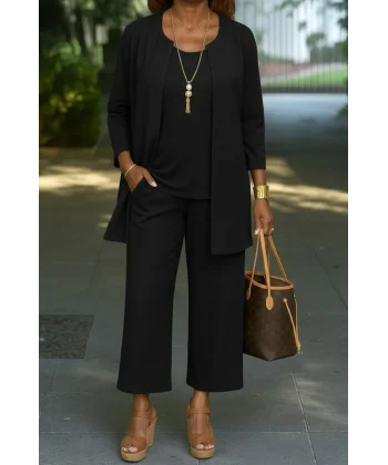 Kadın Uzun Kollu önü Açık Modal Ceket Kolsuz Viskon Iki Iplik Bluz Ve Pantolon üçlü Takım