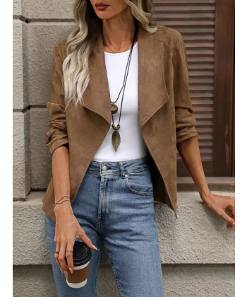 Kadın Uzun Kollu önü Açık Yakalı Süet Ceket