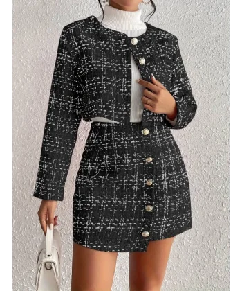 Kadın Uzun Kollu önü Düğmeli şanel Ceket Ve Etek Takım