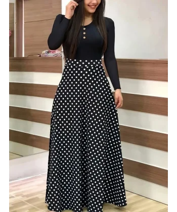 Kadın Uzun Kollu önü Düğmeli Viskon Bluz Eteği örme Maxi Krep Elbise