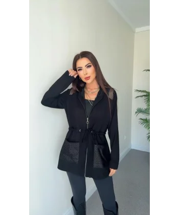 Kadın Uzun Kollu önü Fermuarlı File Detaylı Belden Bağcıklı Kısa Modal Ceket