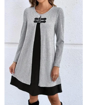 Kadın Uzun Kollu önü Tokalı şardonlu Kaşkorse Iç Kısmı Viskon Midi Elbise Ikili Takım