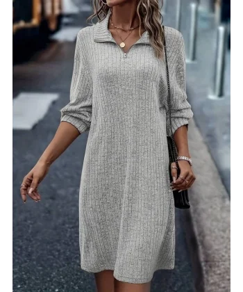 Kadın Uzun Kollu Polo Yaka Fermuar Detaylı şardonlu Kaşkorse Mini Boy Elbise