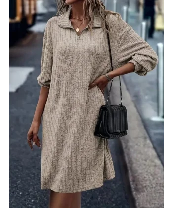 Kadın Uzun Kollu Polo Yaka Fermuar Detaylı şardonlu Kaşkorse Mini Boy Elbise