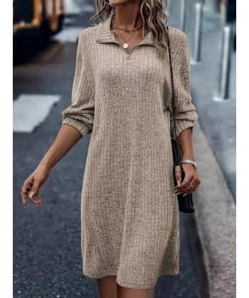 Kadın Uzun Kollu Polo Yaka Fermuar Detaylı şardonlu Kaşkorse Mini Boy Elbise