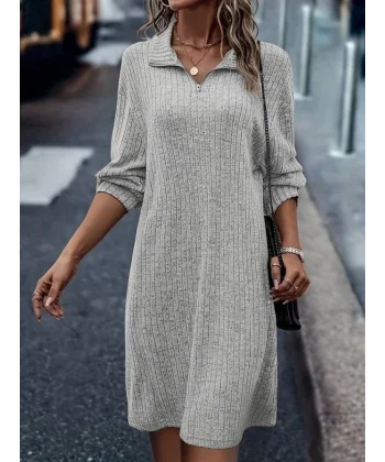 Kadın Uzun Kollu Polo Yaka Fermuar Detaylı şardonlu Kaşkorse Mini Boy Elbise