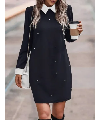 Kadın Uzun Kollu Polo Yaka Inci Detay Krep Elbise