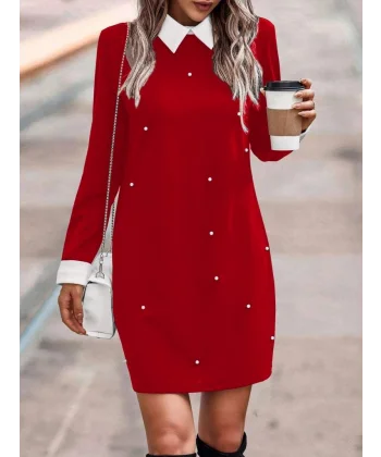 Kadın Uzun Kollu Polo Yaka Inci Detay Krep Elbise