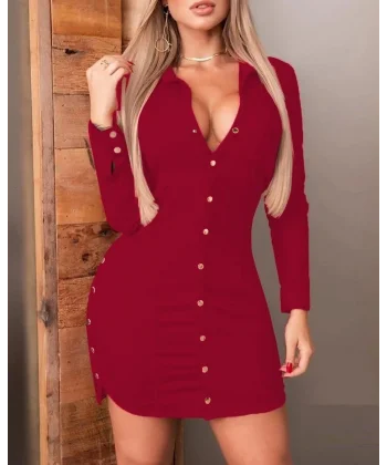 Kadın Uzun Kollu Polo Yaka ön Kısım çıtçıtlı Düğme Detay Scuba Krep Mini Boy Elbise