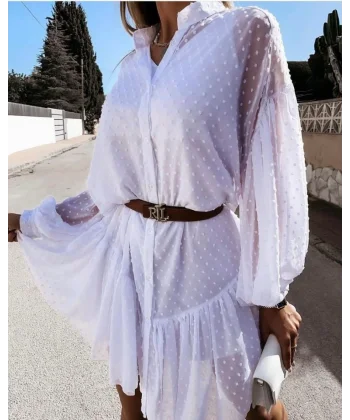 Kadın Uzun Kollu Puantiye Detay Gömlek Elbise