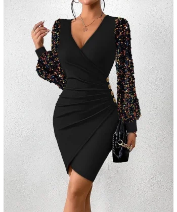 Kadın Uzun Kollu Pul Payetli Kruvaze Yaka Yandan Düğmeli Kısa Ithal Krep Elbise