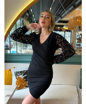 Kadın Uzun Kollu Pul Payetli Kruvaze Yaka Yandan Düğmeli Kısa Ithal Krep Elbise