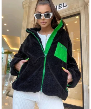 Kadın Uzun Kollu Renkli Cep Ve Fermuar Detay Peluş ont