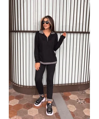 Kadın Uzun Kollu Ribana Ve Fermuar Detay Bluz Ve Yüksel Bel Pantolon 2li Takım