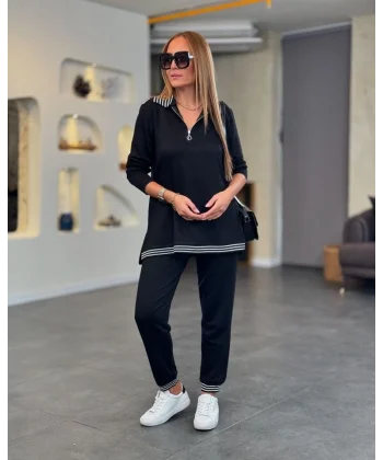 Kadın Uzun Kollu Ribana Ve Fermuar Detay Bluz Ve Yüksel Bel Pantolon 2li Takım