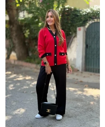 Kadın Uzun Kollu Ribanali Cep Detay Hırka Ve Bol Paça Pantolon Ikili Takım