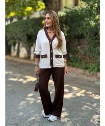 Kadın Uzun Kollu Ribanali Cep Detay Hırka Ve Bol Paça Pantolon Ikili Takım