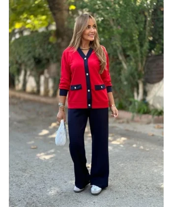 Kadın Uzun Kollu Ribanali Cep Detay Hırka Ve Bol Paça Pantolon Ikili Takım