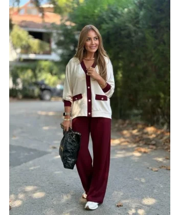 Kadın Uzun Kollu Ribanali Cep Detay Hırka Ve Bol Paça Pantolon Ikili Takım