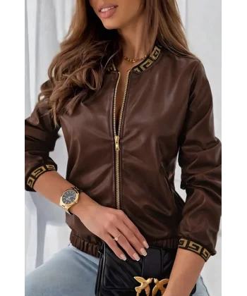 Kadın Uzun Kollu Ribanalı önden Fermuarlı Deri Ceket