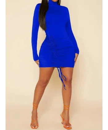 Kadın Uzun Kollu Sağ Belden Sol Etek Ucuna Doğru Hafif çapraz Büzgülü Sandy Mini Boy Elbise