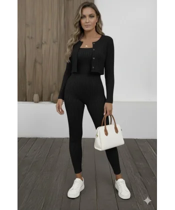 Kadın Uzun Kollu şardonlu Kaşkorse Straplez Ile Kısa önden Düğmeli Ceket Ikili Takım